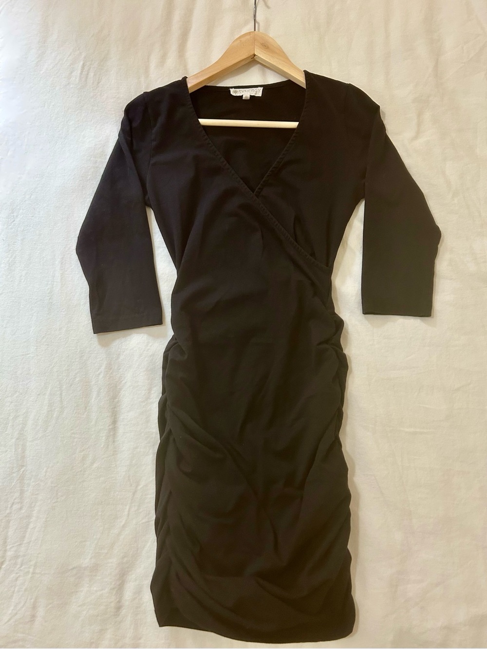 Synergy Organic Black Ruched Faux Wrap Dress Size Small